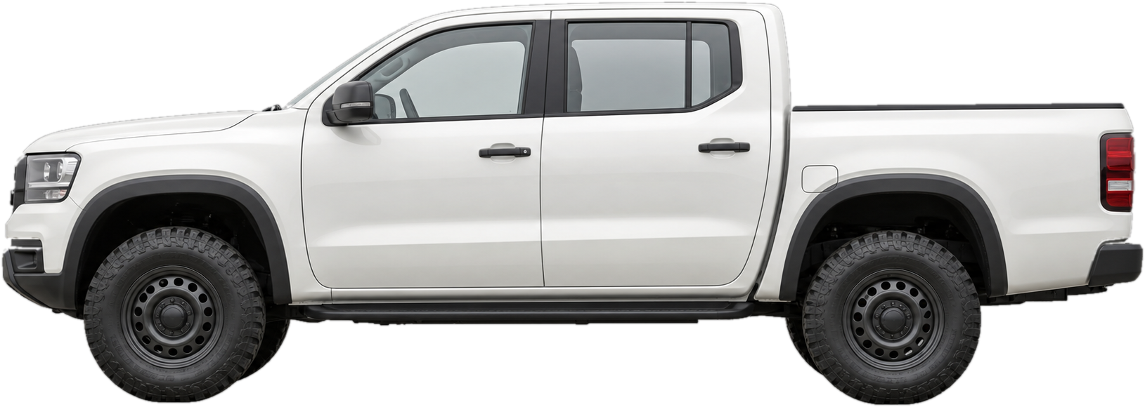 A double-cab pickup with four doors and a second row of side windows